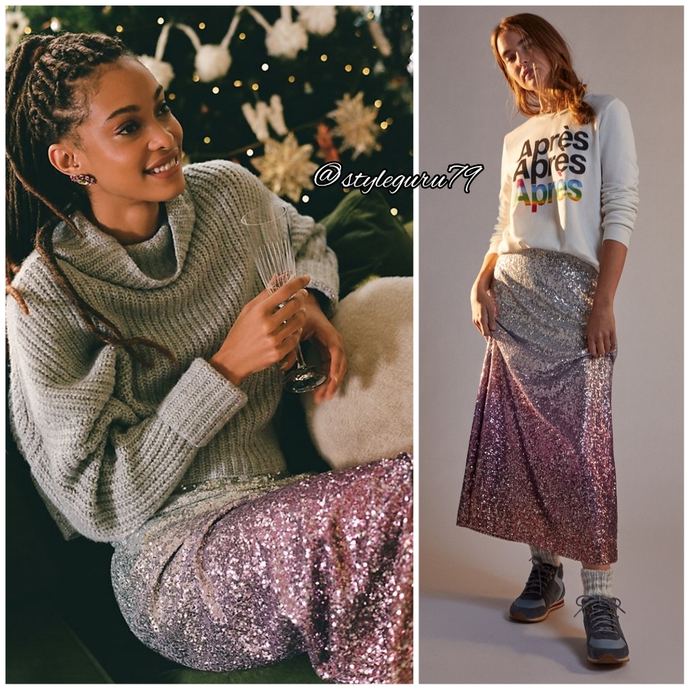 NWT, Anthropologie, Leticia Sequined Ombre Pink And Silver Maxi Skirt